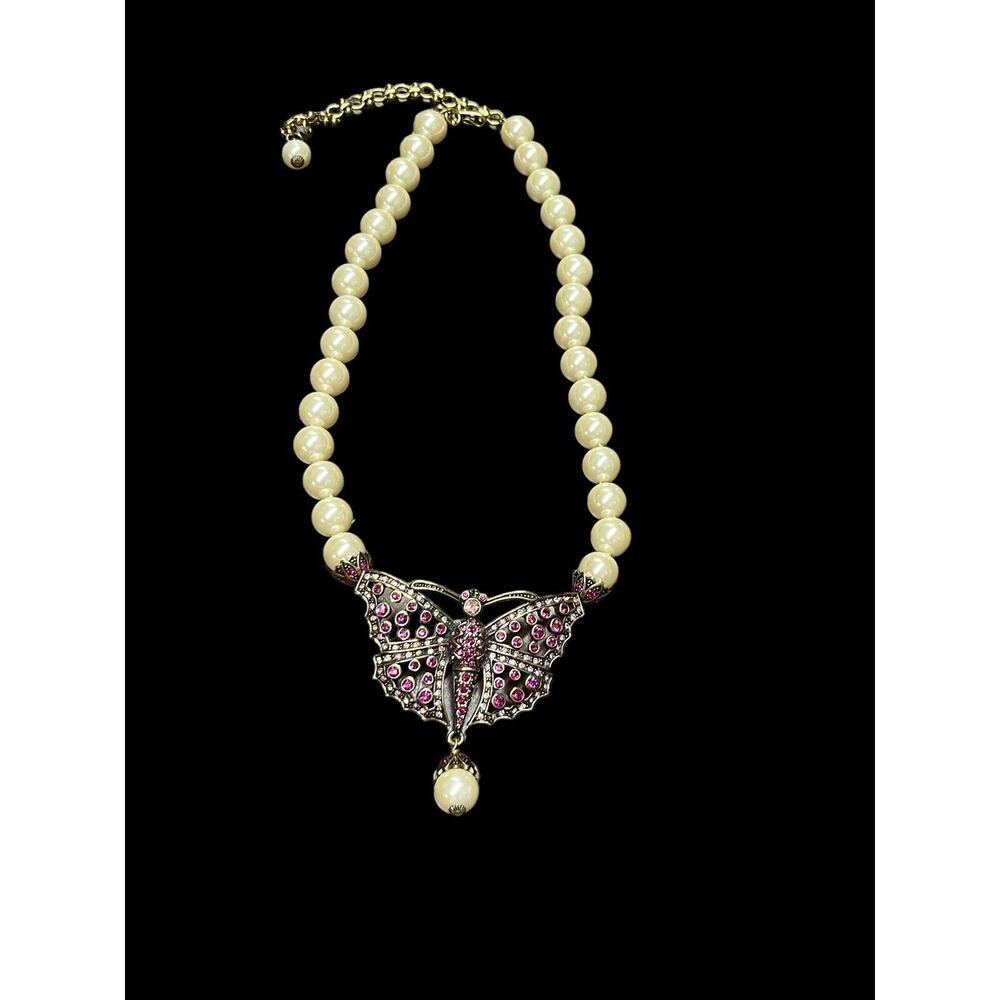Heidi Daus Pink Swarovski Crystal Butterfly White Faux Pearl Necklace Gold Tone